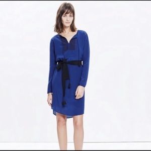 MADEWELL Rich Blue Silk EMBROIDERED PROLOGUE DRESS Tassel Tie-Belt Tunic XS